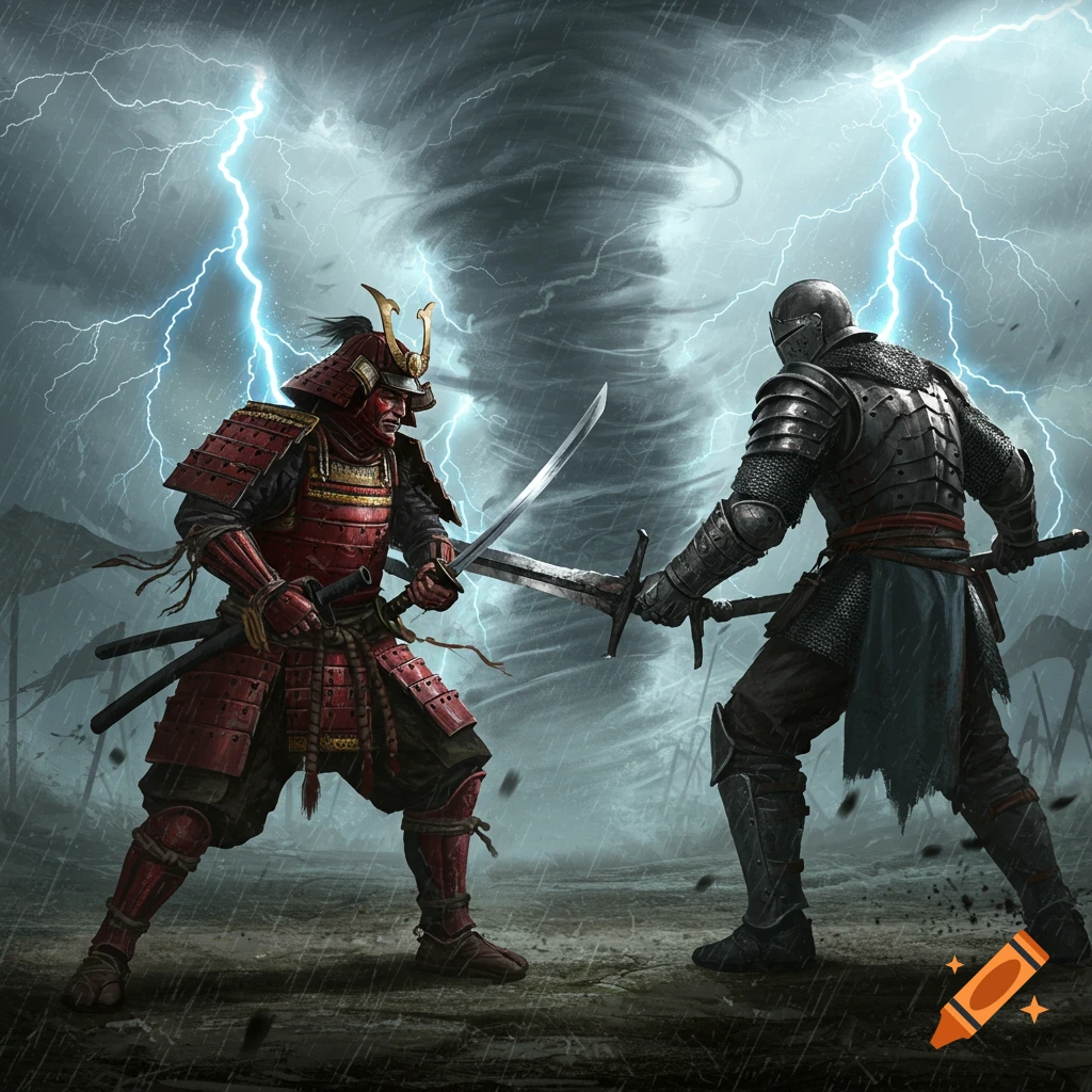 A samurai and a knight clash swords in a dramatic battle under a stormy sky with lightning and a swirling tornado.