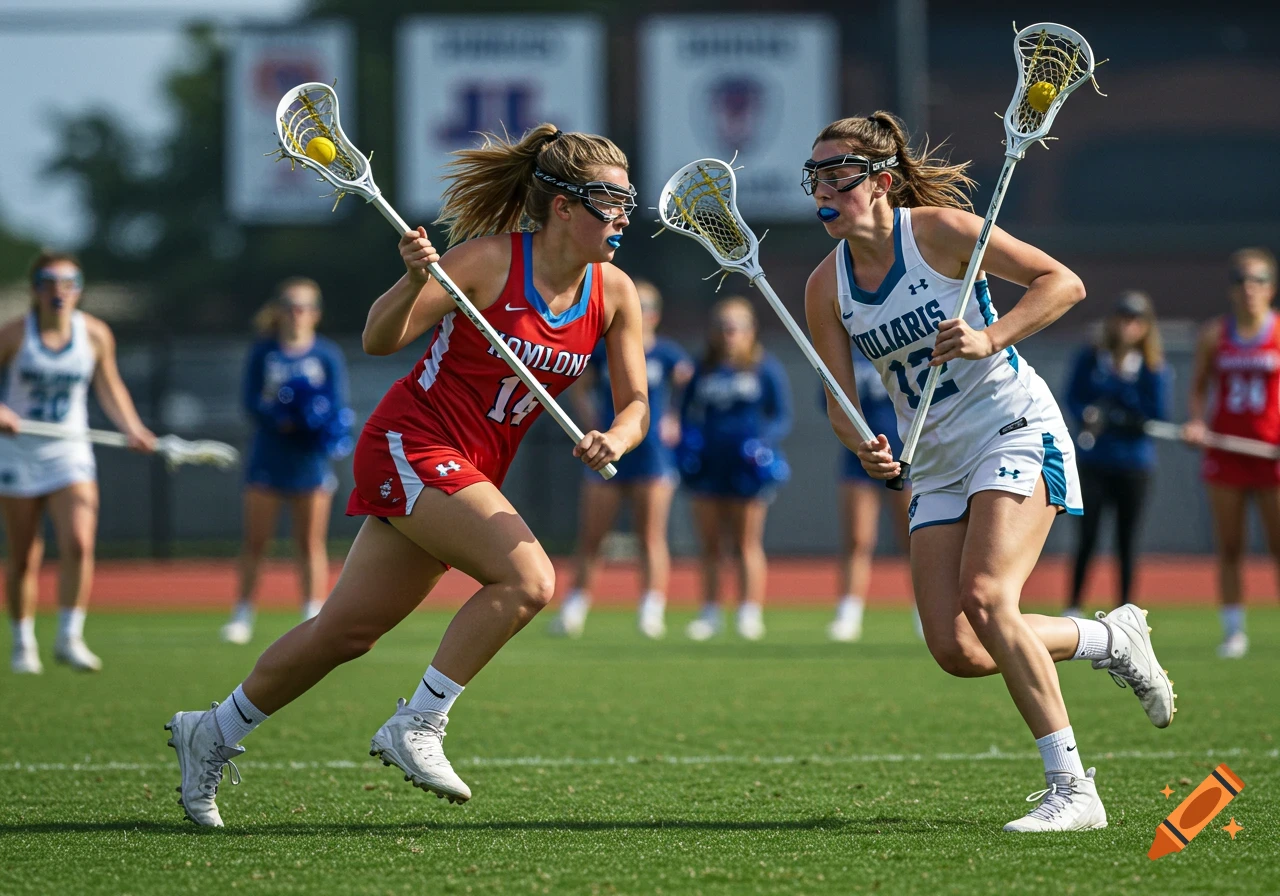 Two female lacrosse players, one in red and one in white, run towards each other on a green field during a game.