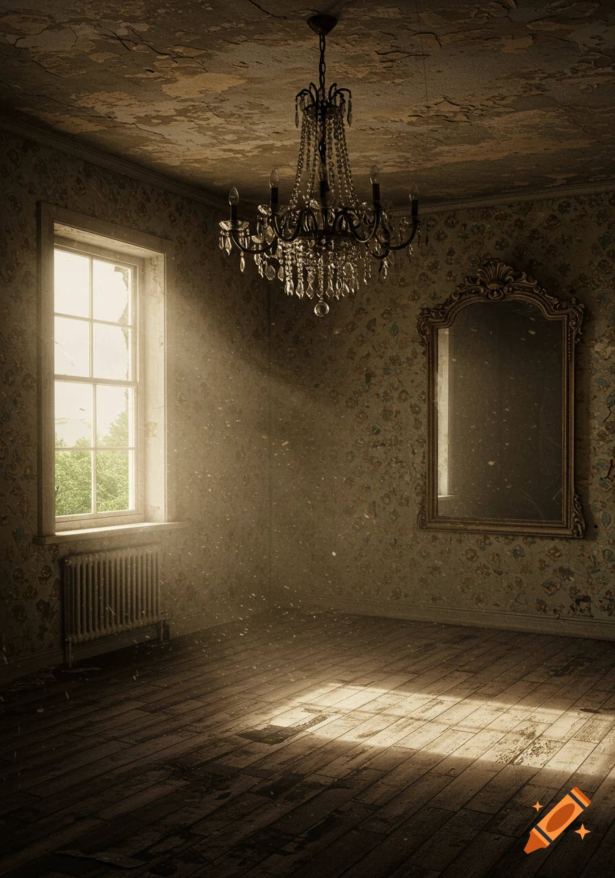 Dusty, abandoned room with peeling wallpaper, a chandelier, ornate mirror, and sunlight streaming through a broken window.