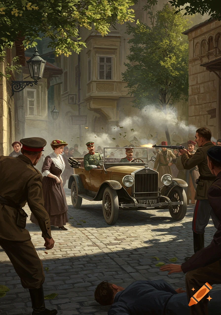 Illustration of the 1914 Sarajevo assassination, with soldiers, a woman, and a vintage car on a cobbled street, amidst gunfire and a fallen man.