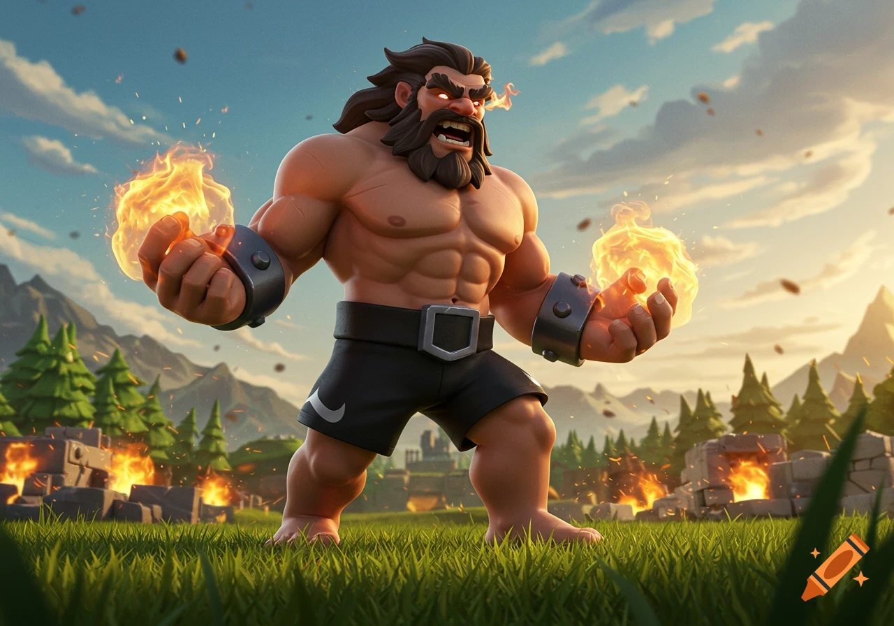 A stylized, muscular barbarian-like character with a beard, wearing shorts and metal armbands, generates fire in his hands amidst a burning battlefield scene with mountains in the background, in a cartoonish game art style.