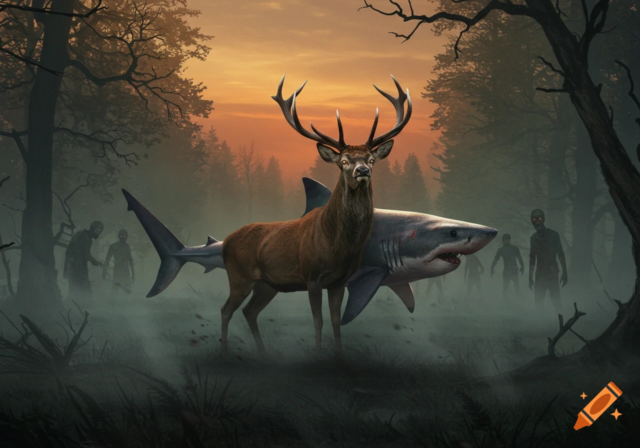 A bizarre deer-shark hybrid creature stands in a misty forest at sunset, with shadowy zombies approaching in the background.