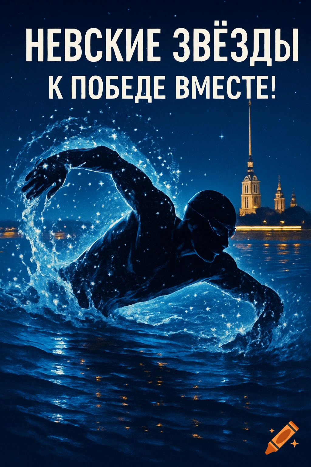 Dynamic poster of a swimmer making a powerful stroke with starry splashes, the Peter and Paul Fortress visible at night. Text: 'Nevskie Zvezdy. K pobede vmeste!'.