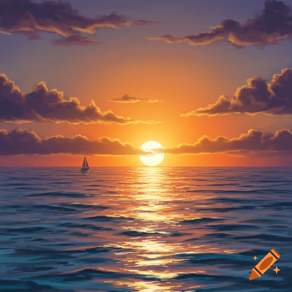 Vibrant orange and purple sunset over a calm blue ocean, with a single sailboat silhouetted on the horizon, stylized art.