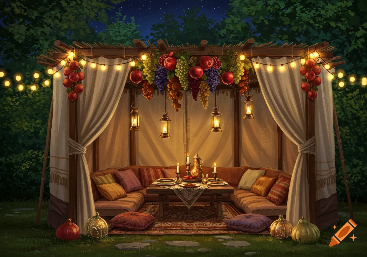 A beautifully decorated Sukkah tent at night, adorned with string lights, lanterns, and hanging fruits, set up for a festive meal.