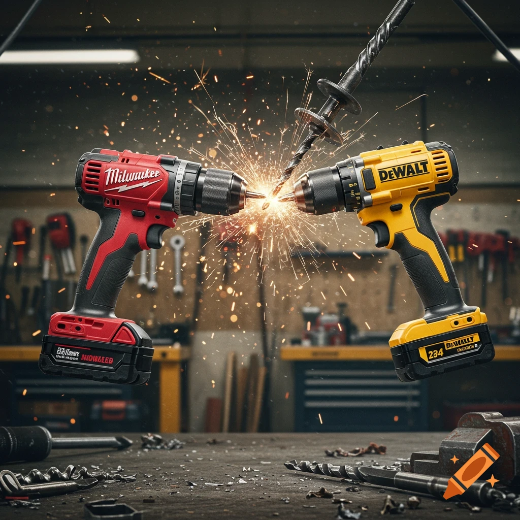 A red Milwaukee drill and a yellow DeWalt drill clash, creating sparks in a workshop environment. Photorealistic.