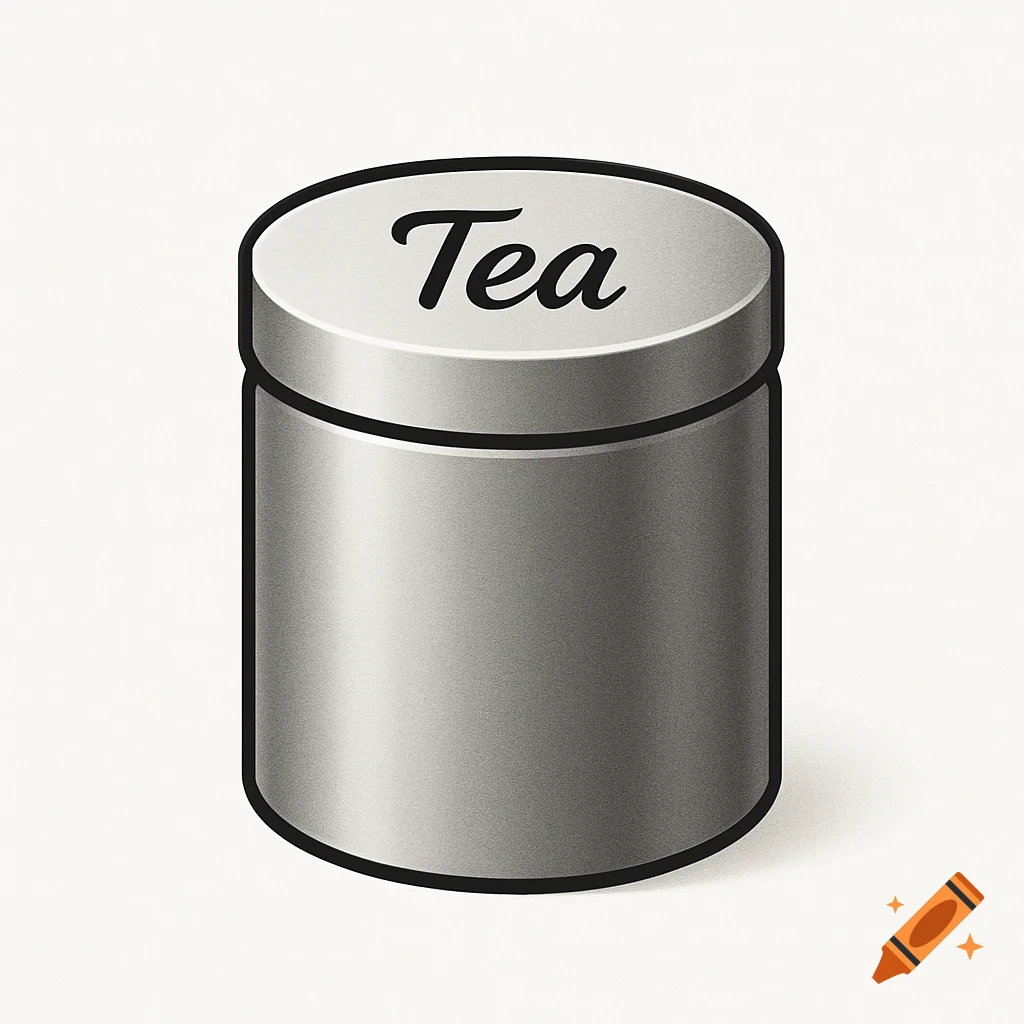 A minimalist gray metallic tea canister icon with 'Tea' written in script on its lid.