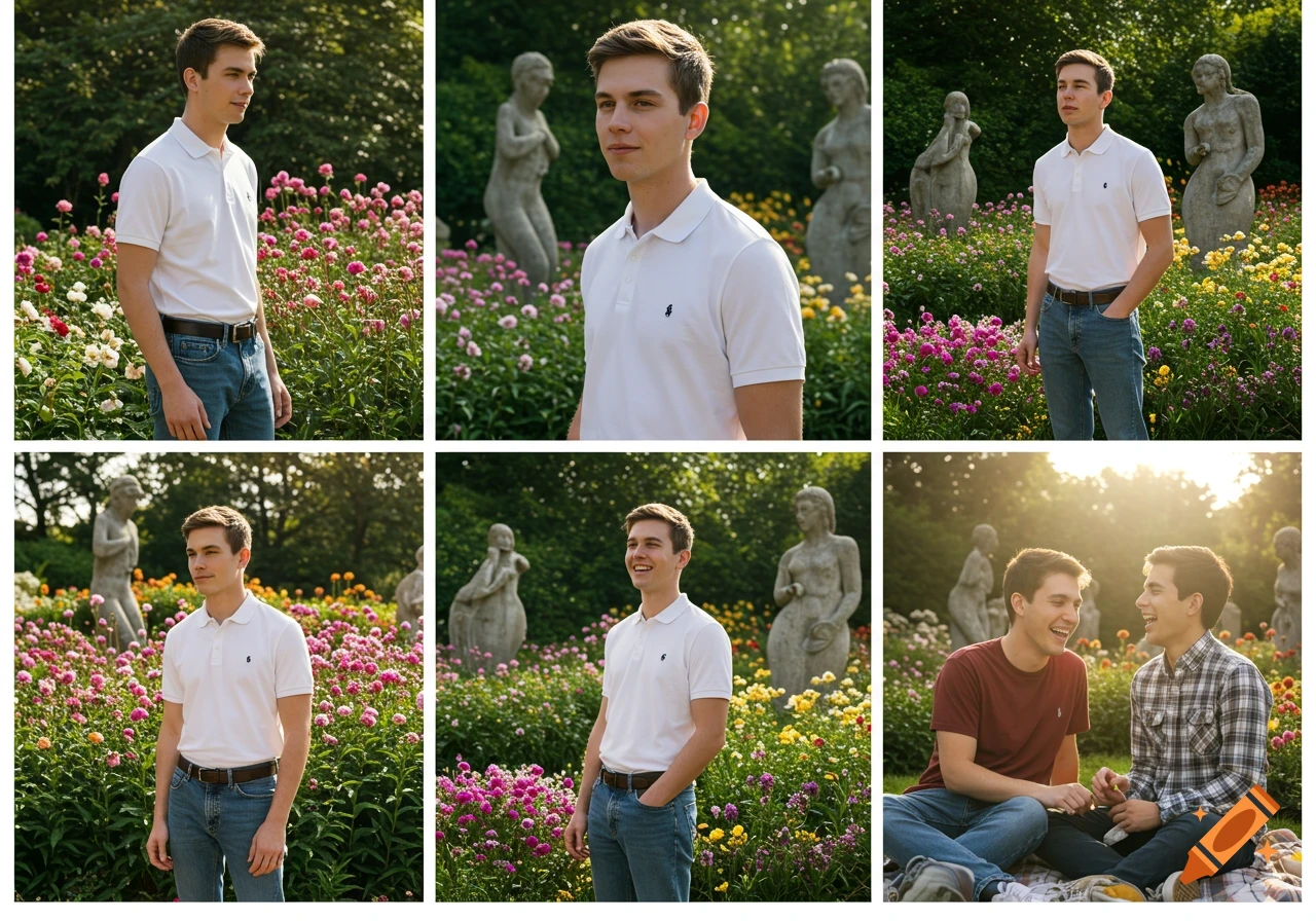 A collage of six photorealistic images of young men posing in a vibrant flower and sculpture garden with varying sunlight. One image shows two men having a picnic.