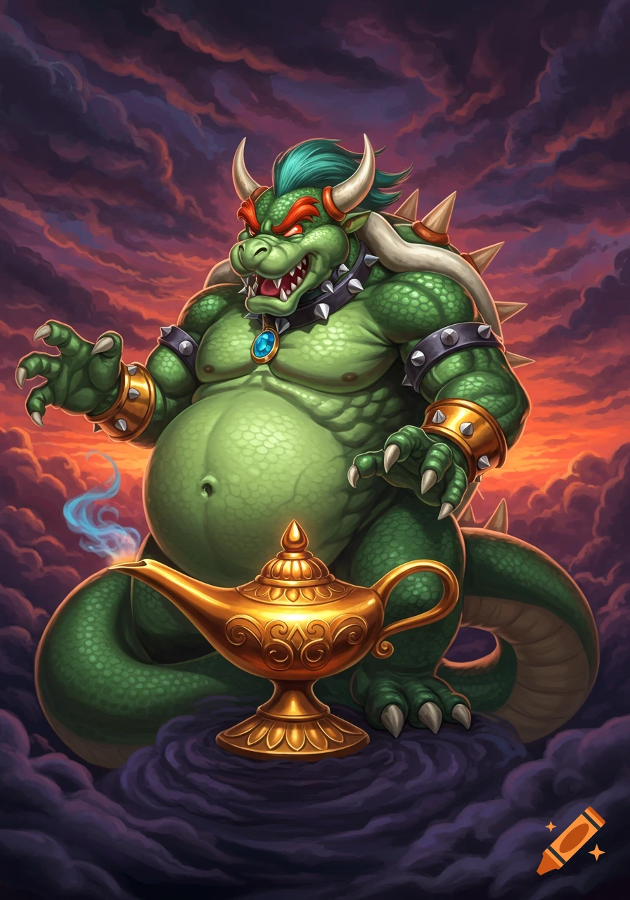 Genie Bowser, a green reptilian creature with a large belly and horns, emerges from a golden lamp against a dramatic cloudy sky in a detailed fantasy art style.