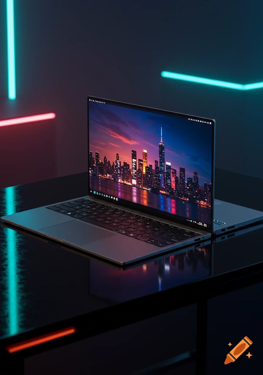 Sleek laptop with a city skyline wallpaper on screen, on a dark reflective table with neon lights.