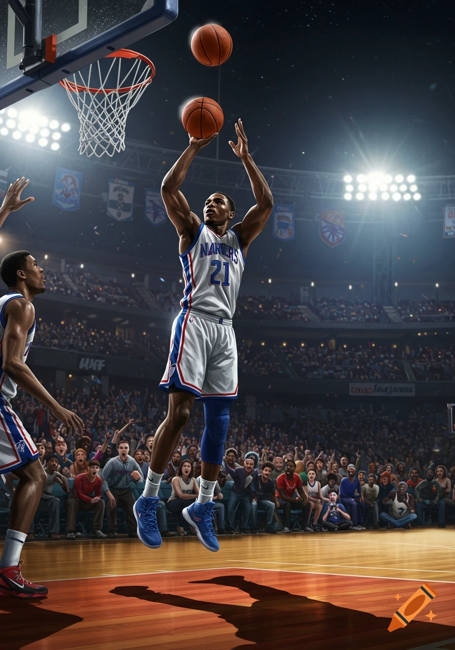 An athletic basketball player in a white and blue uniform leaps to shoot a basketball in a brightly lit stadium, with another player and a crowd watching.