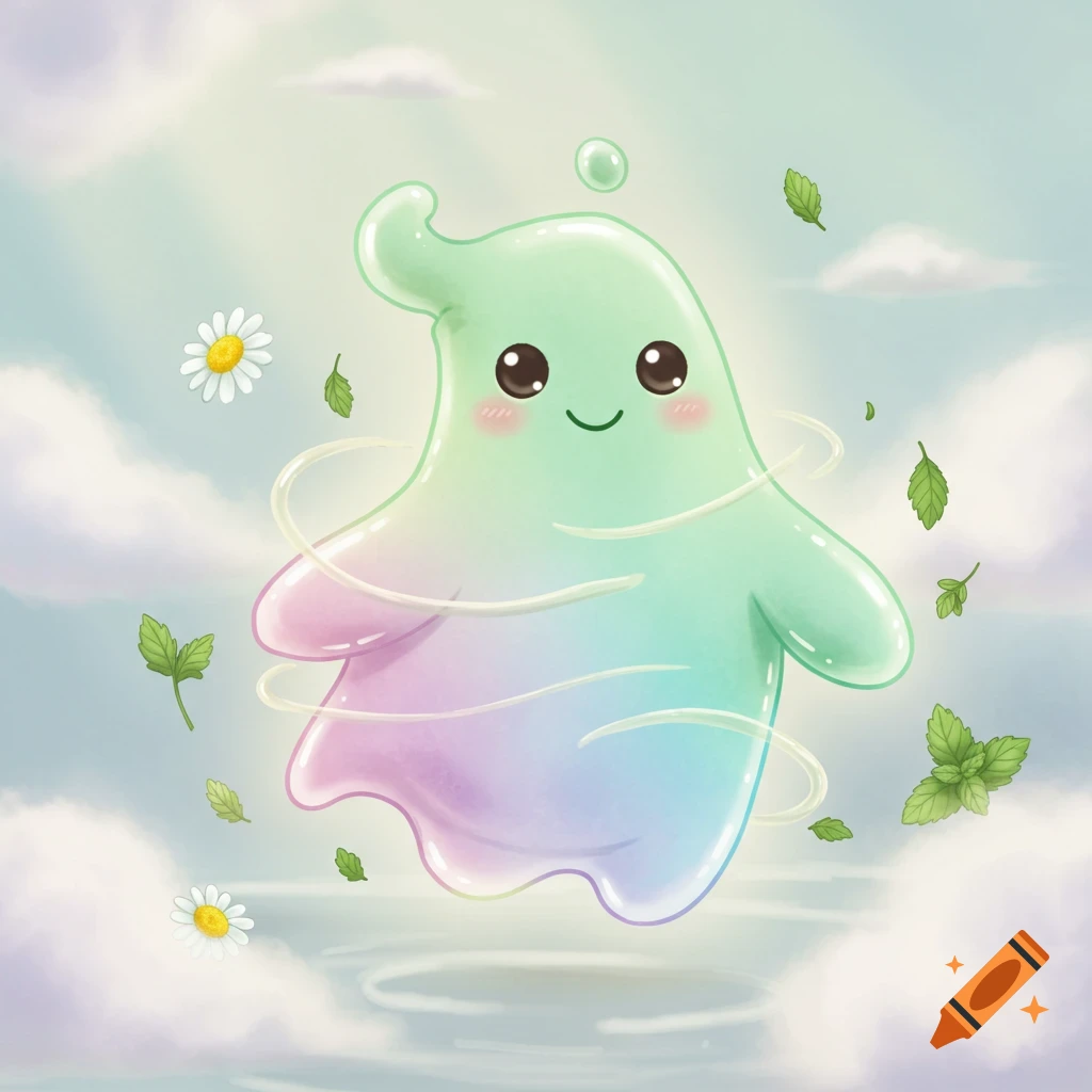 A cute, gradient green-to-purple jelly creature floats in a whimsical sky with clouds, daisies, and mint leaves, surrounded by swirling lines and water ripples.