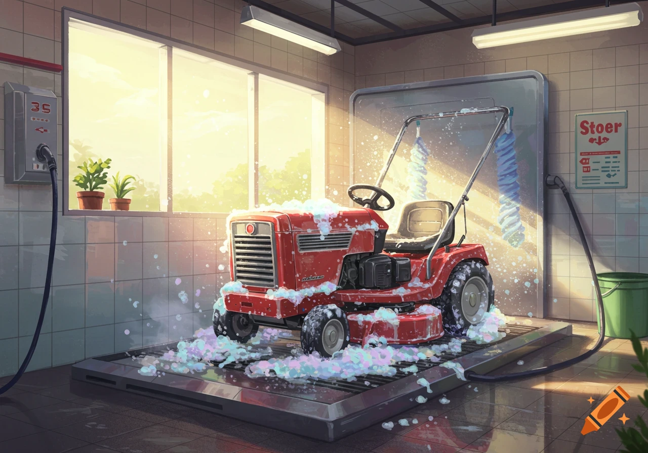 A red lawnmower covered in soap suds in a bright washing room with large windows and tiled walls, in an animated style.