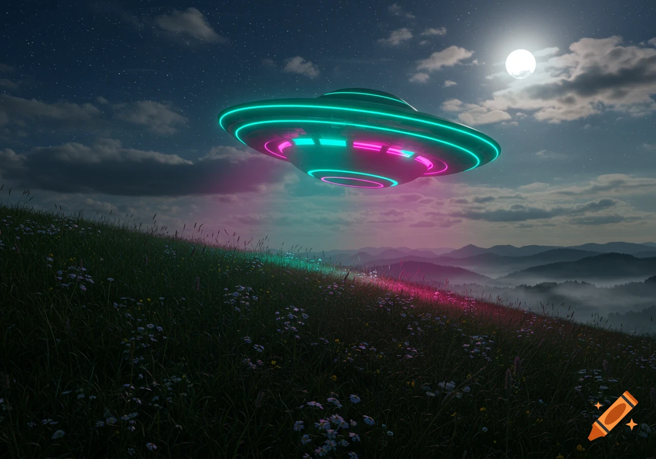 A neon-lit UFO hovers over a dark grassy hill with wildflowers under a full moon and starry night sky.