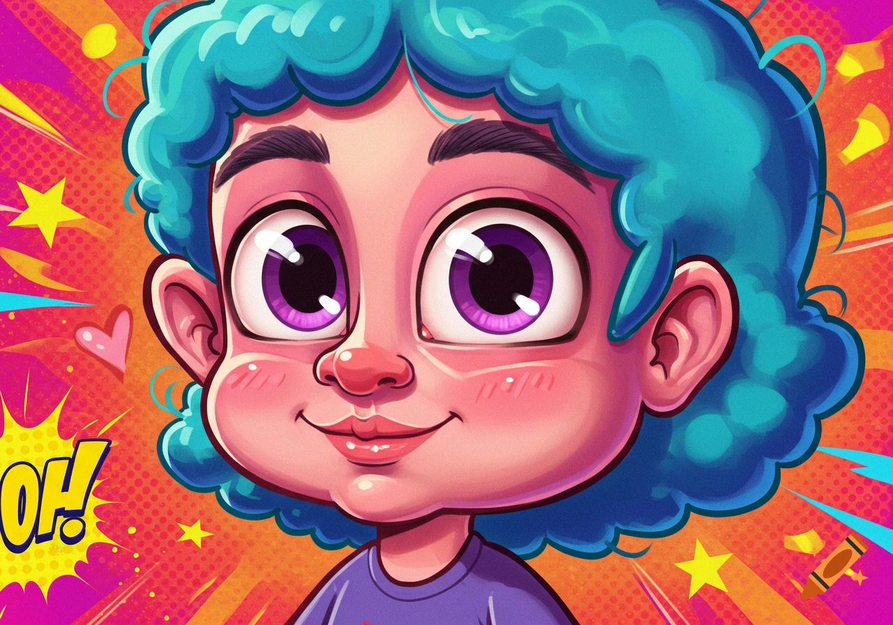 A vibrant, close-up caricature of a smiling child with blue curly hair and large purple eyes, set against a colorful comic pop art background with an 'OH!' speech bubble.