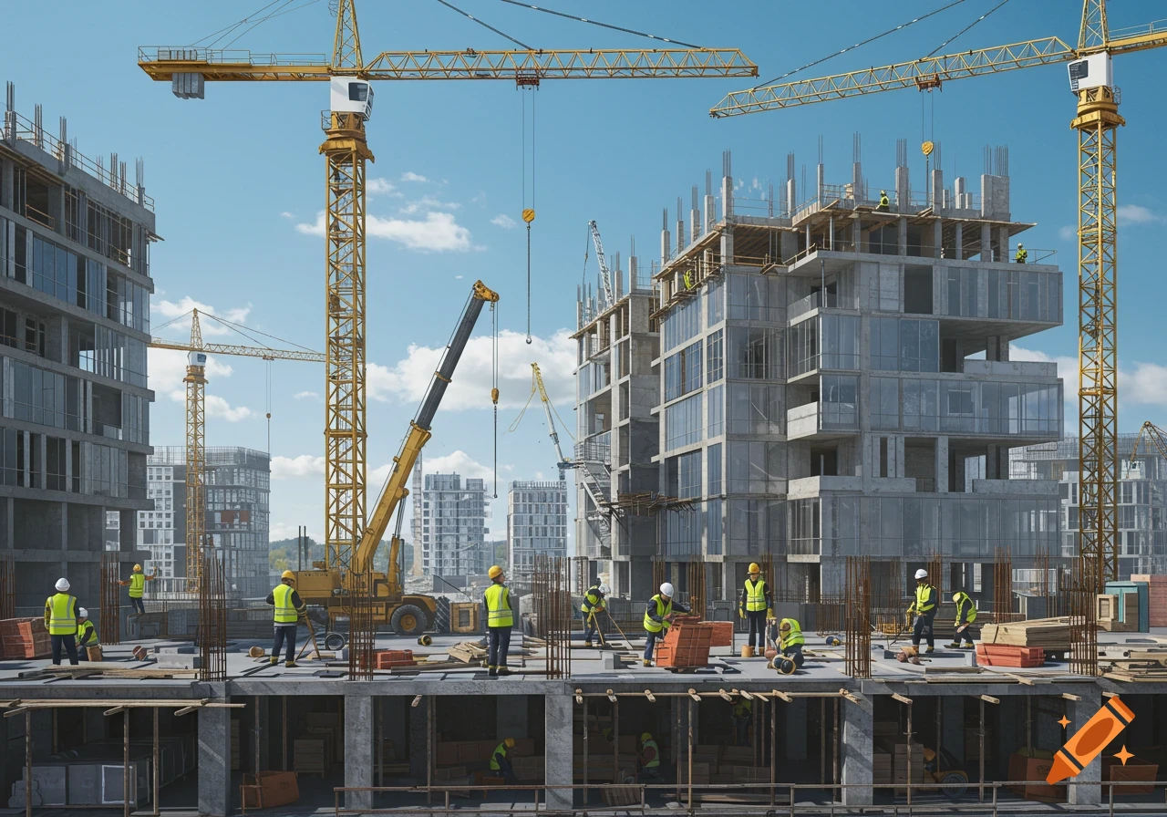 Photorealistic construction site with workers, yellow tower and mobile cranes, and unfinished concrete buildings against a blue sky.