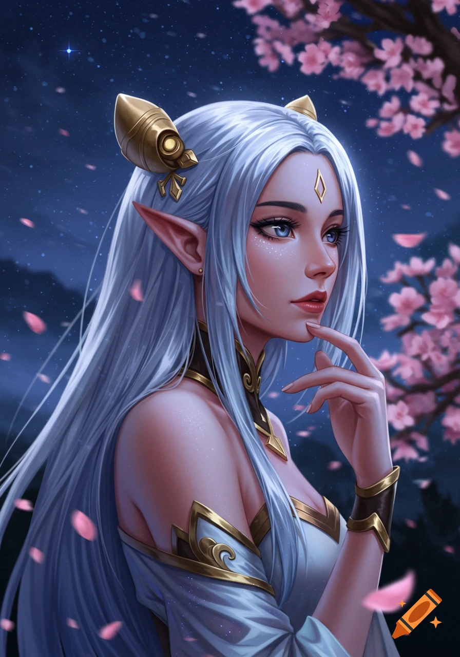 Digital painting of a silver-haired fantasy elf woman with pointed ears and golden accents, wearing a white dress, against a night sky with cherry blossoms.