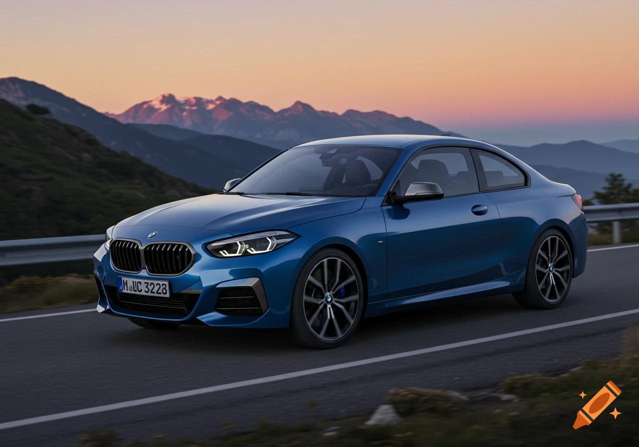A blue BMW M240i coupe drives on a mountain road at sunset.
