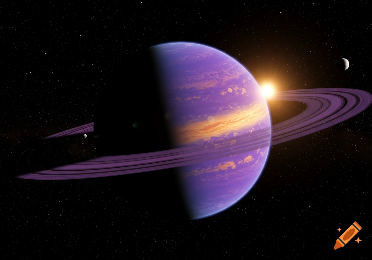 A purple planet with yellow bands and a prominent purple ring system is illuminated by a bright sun in a star-filled dark space.