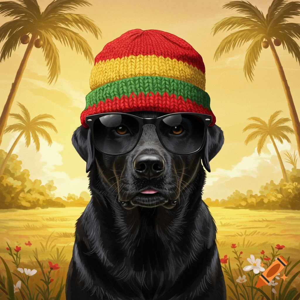 A black Labrador wearing a red, yellow, and green rasta beanie and black sunglasses, set against a tropical sunset with palm trees.