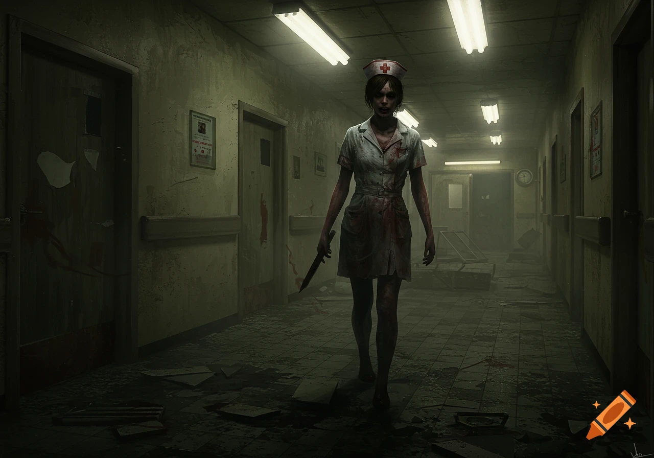 A blood-splattered, monstrous nurse with a knife walks down a dark, grimy hospital corridor, evoking a horror aesthetic.
