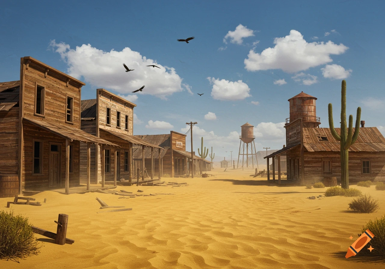 A desolate, sandy street in an abandoned Old West town with wooden buildings, water towers, cacti, and birds flying under a blue sky.