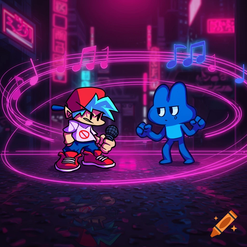 Cartoon characters Boyfriend from FNF and Four from BFDI facing each other in a neon-lit city street with musical notes.