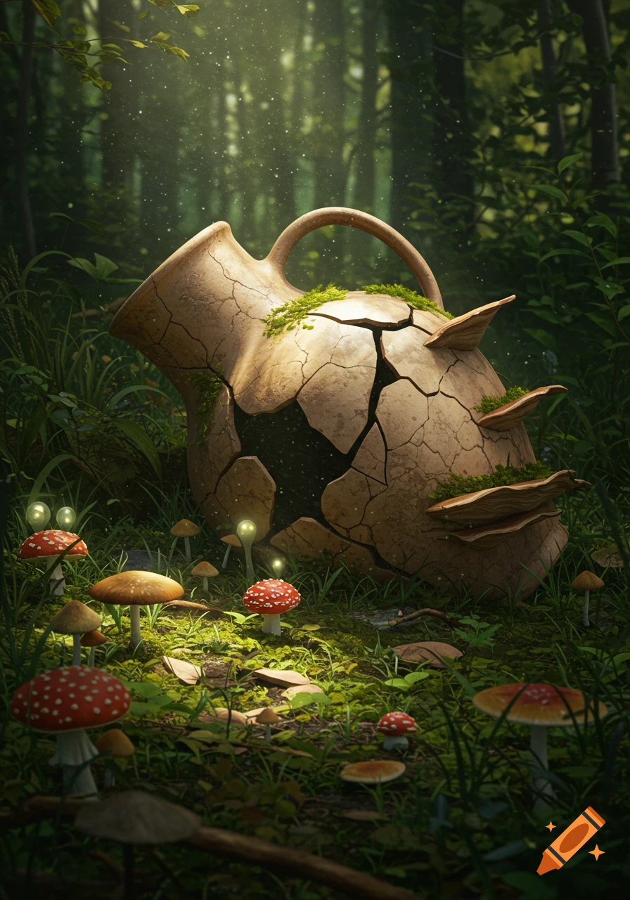 A broken, moss-covered ceramic jug lies on a forest floor, surrounded by red and brown mushrooms and glowing light.
