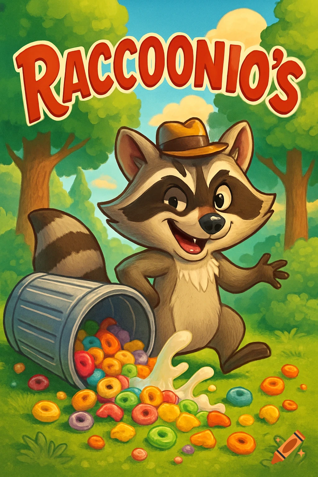 A cheerful cartoon raccoon wearing a hat stands by an overturned trash can, spilling colorful cereal. 'RACCOONIO'S' text above.
