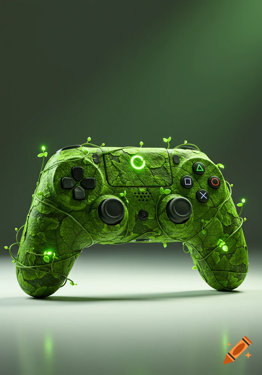 A photorealistic game controller covered in vibrant green leaves with glowing sprouts and buttons, on a gradient green background.