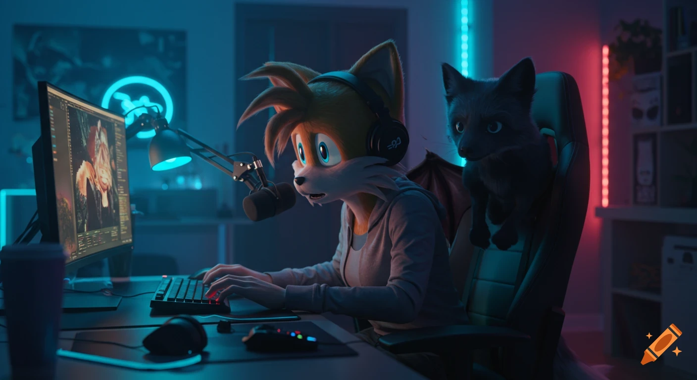 Anthropomorphic fox character Tails with headphones gaming at a desk with a black fox with bat wings in a neon-lit room, photorealistic style.