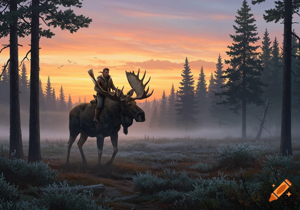 A man rides a large moose through a misty forest at sunrise, with pine trees silhouetted against an orange and purple sky.