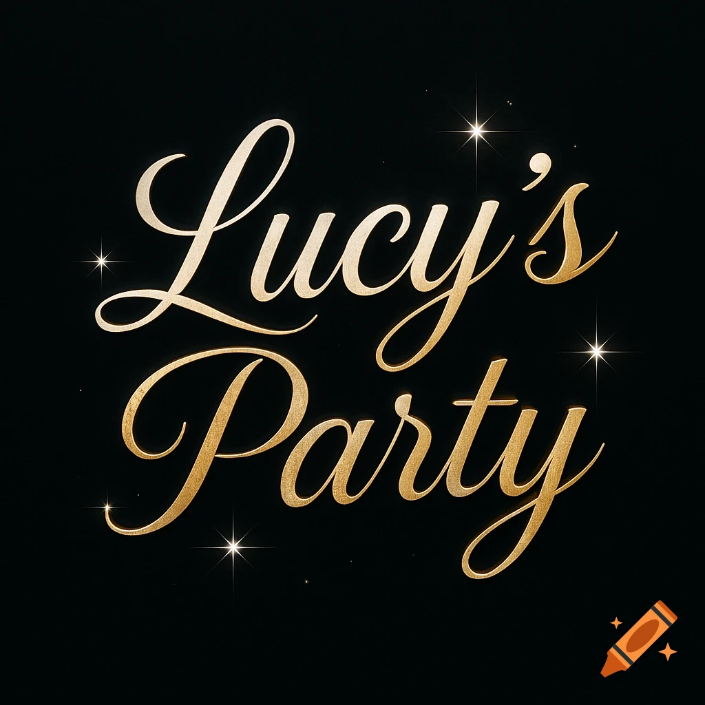 Golden cursive text 'Lucy's Party' on a black background with sparkling accents.