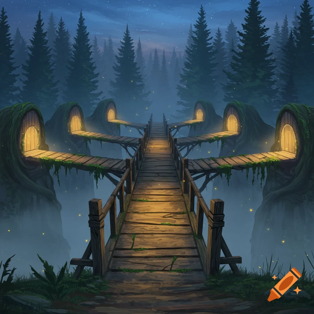 An illustrative night scene of a wooden bridge splitting into paths leading to glowing doors built into mossy forest trees.
