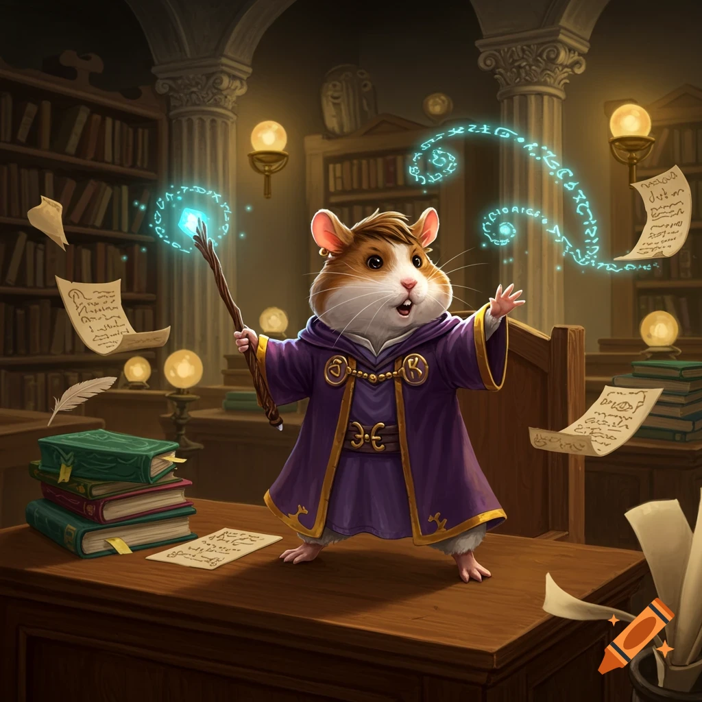 A furry hamster wizard in a purple robe casts glowing blue magic spells with a wand in a magical library.