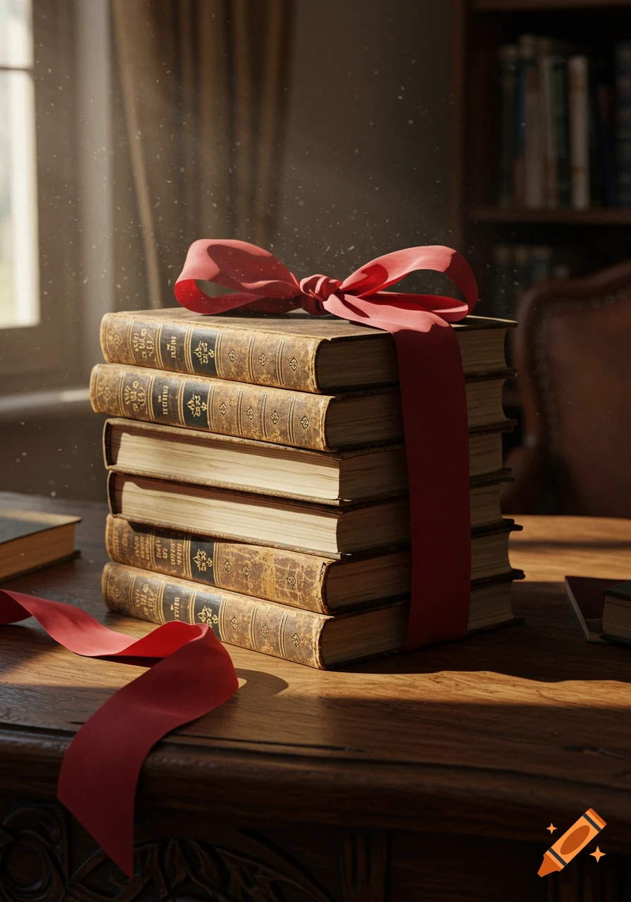 A stack of old, leather-bound books tied with a red ribbon sits on a wooden desk, bathed in sunlight from a nearby window.