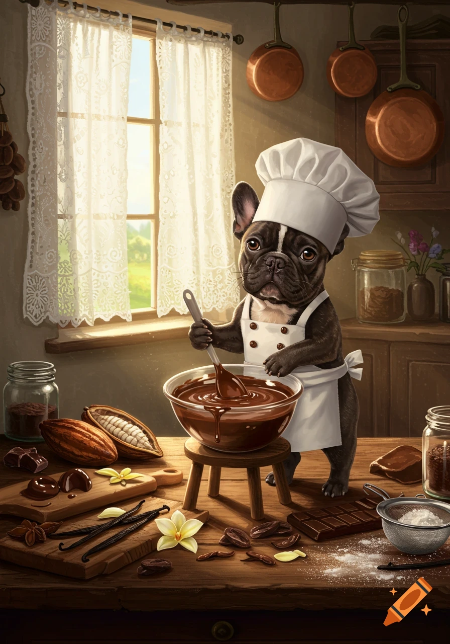A cute French bulldog chef in a white toque and apron stirs chocolate in a bowl in a cozy, rustic kitchen filled with baking ingredients.
