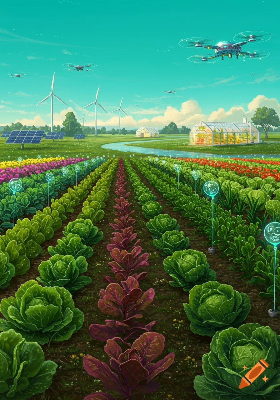 Illustration of a futuristic farm with colorful crops, drones, windmills, solar panels, and greenhouses under a bright blue sky.