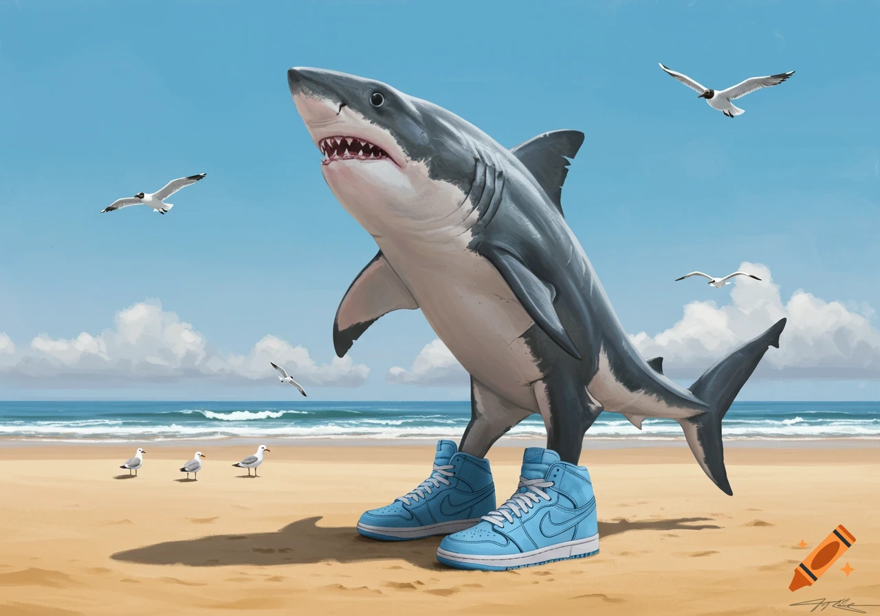 A large shark stands upright on a sandy beach wearing blue sneakers, with seagulls and ocean waves in the background.