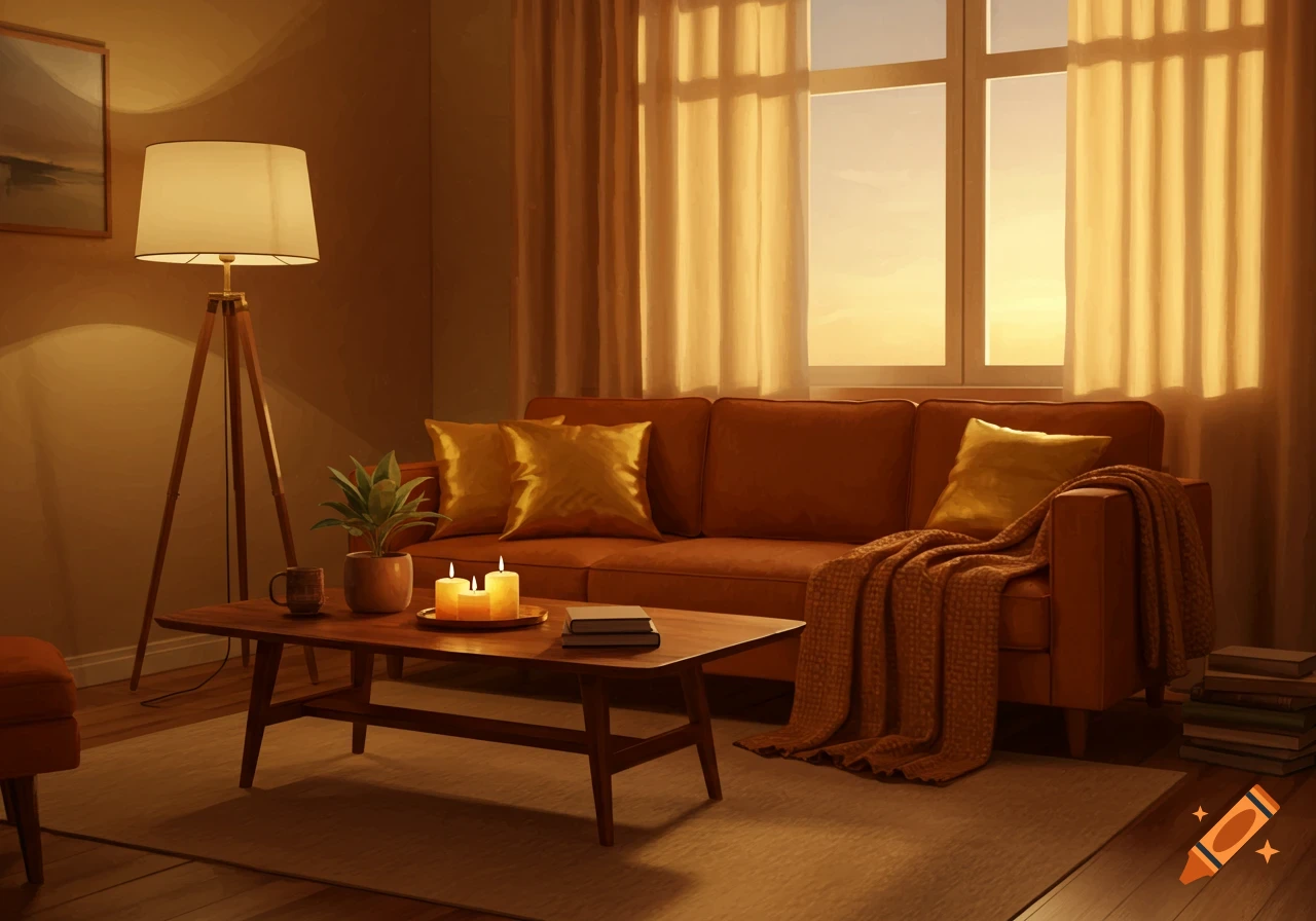A warm, photorealistic lounge room with an orange sofa, coffee table with candles, and a floor lamp, bathed in golden light from a window.
