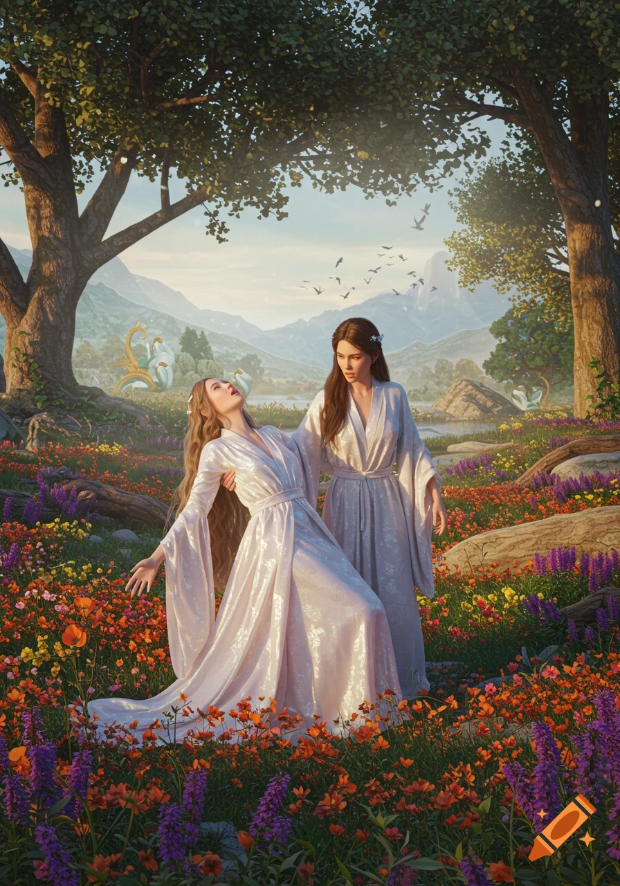 Two women in flowing robes, one fainting, in a lush, vibrant meadow with wildflowers, large trees, and mountains.