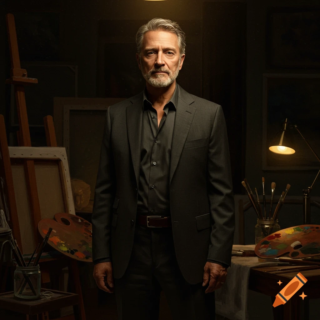 A serious-looking man with gray hair and a beard, wearing a dark suit, stands in a dimly lit art studio with easels and paint palettes.