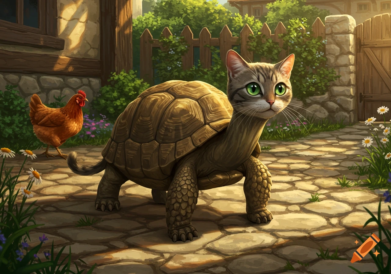 A whimsical illustration of a cat-turtle hybrid creature with green eyes, standing on a cobblestone path in a farm courtyard with a chicken nearby.