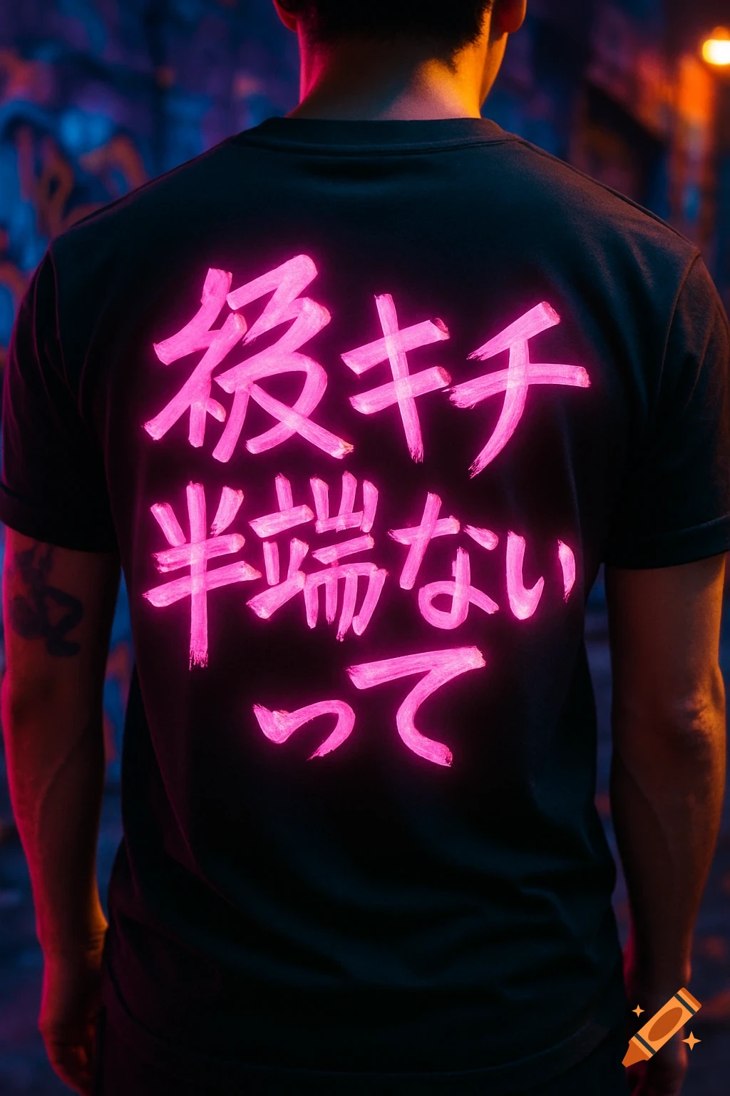 Back view of a person in a black t-shirt with glowing neon pink Japanese text '祭キチ半端ないって' in a street style setting.