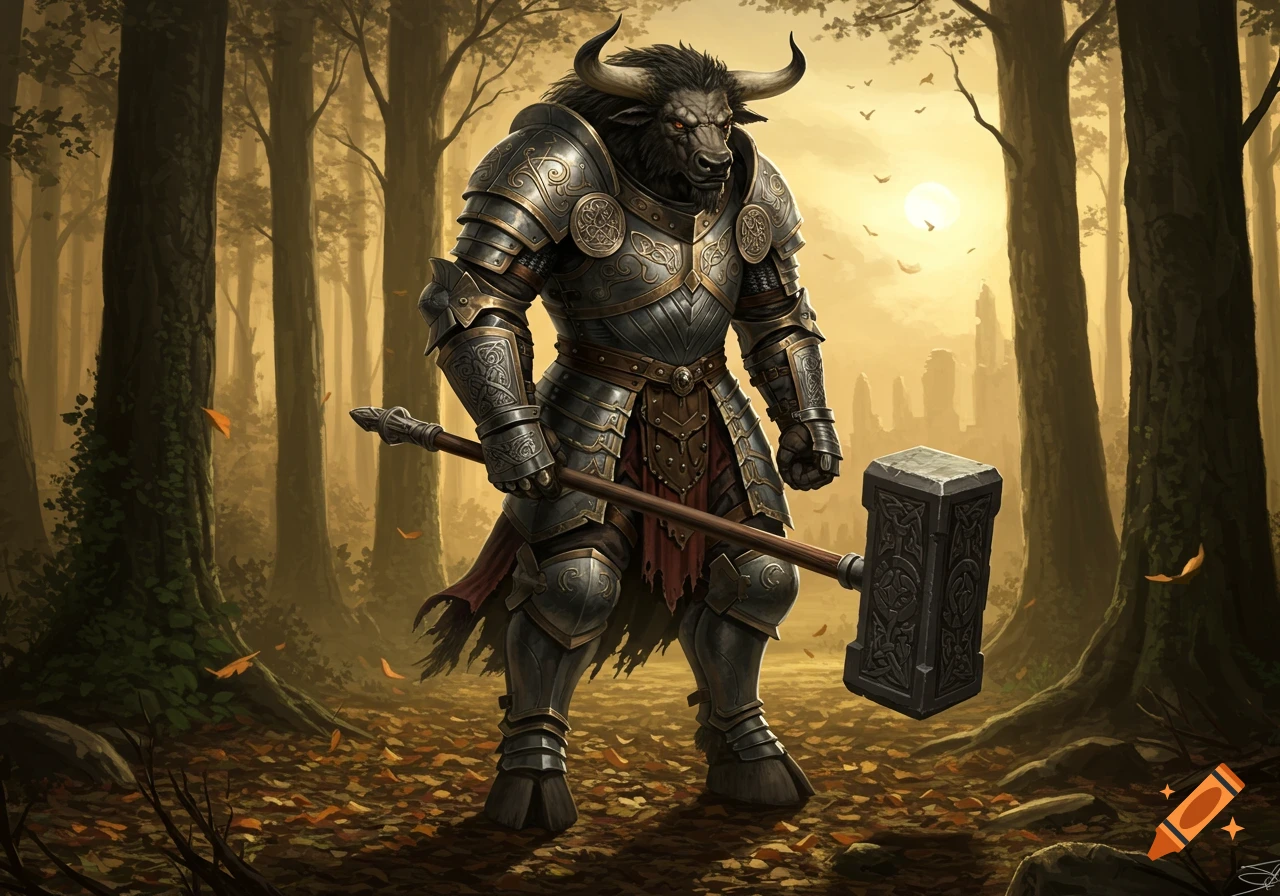 A powerful Minotaur in ornate plate armor stands in an autumn forest, holding a large two-handed maul.