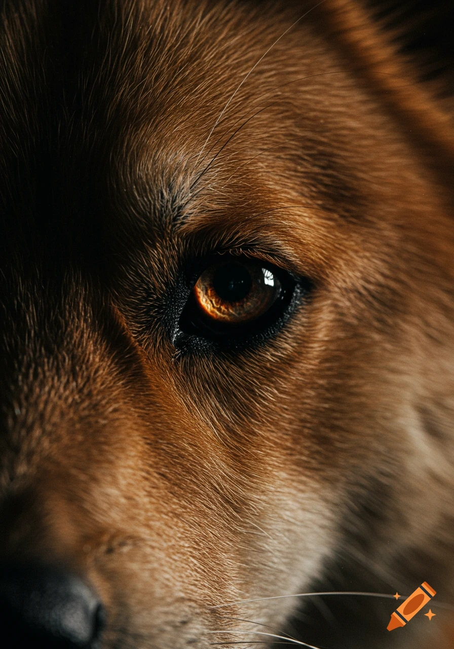 Photorealistic close-up of a dog's brown eye and fur with dramatic lighting.