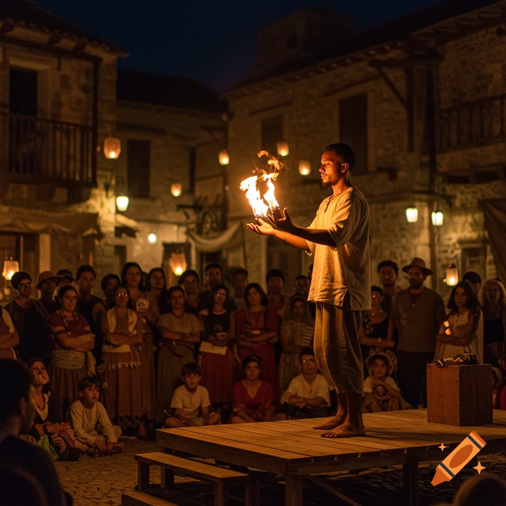 A man on a stage in a lantern-lit town square at night, magically holding fire in his hands, watched by an amazed crowd.