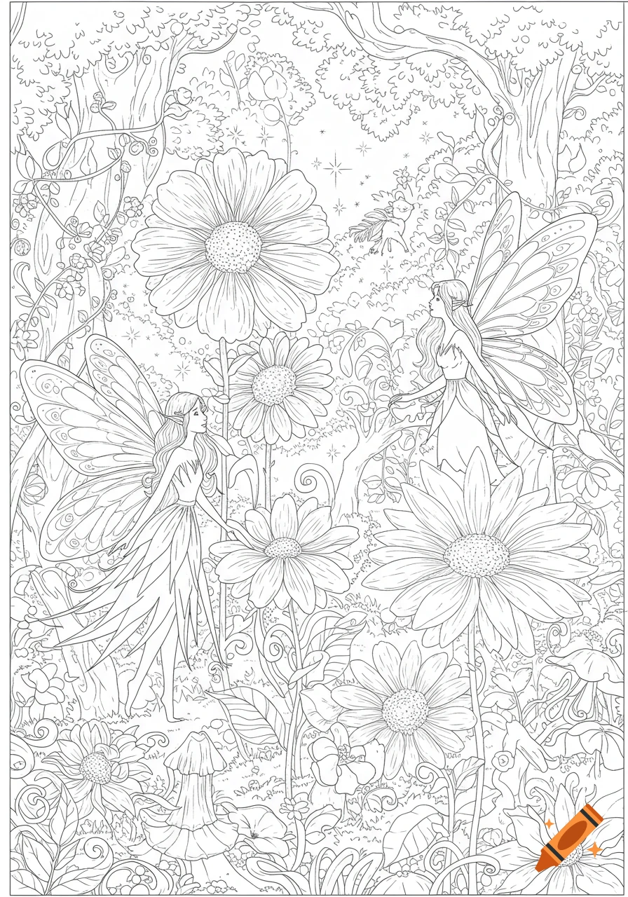 Detailed black and white line art of two winged fairies in a whimsical forest with large daisies, perfect for a coloring book.