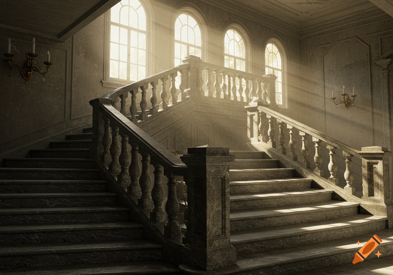 A grand photorealistic stone staircase in a mansion, with sunlight streaming through large arched windows.