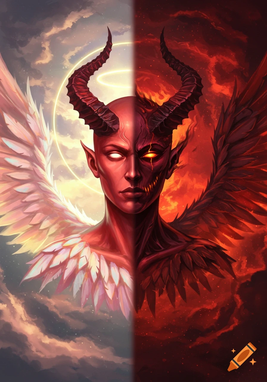 Stylized portrait of a figure split down the middle, half angel with white wings and halo, half red demon with horns and dark wings.